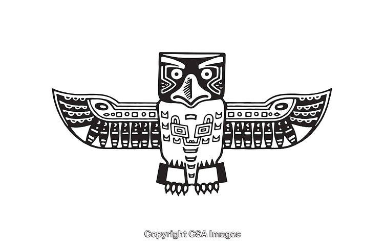 Black and White Line Art Illustration of a Stylized Tribal Bird Design