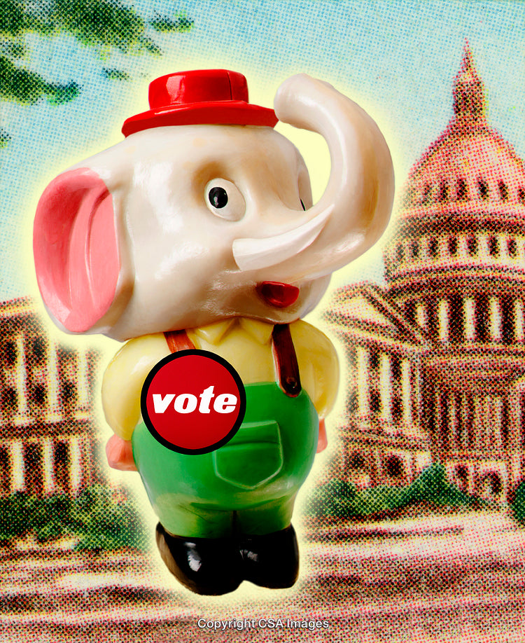 Cartoon Elephant Toy with Vote Button Amidst Political Background
