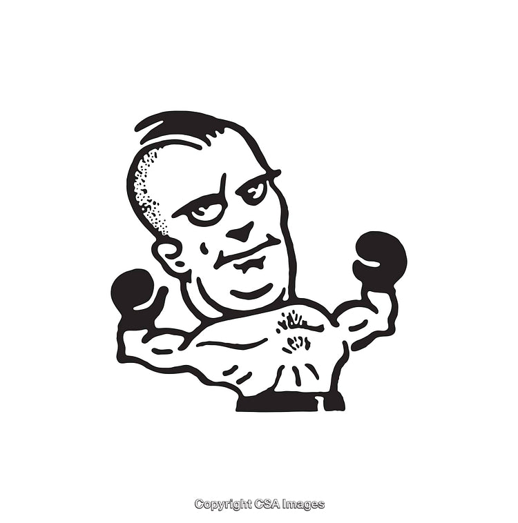 Black and White Line Art Illustration of a Boxer with Raised Hands