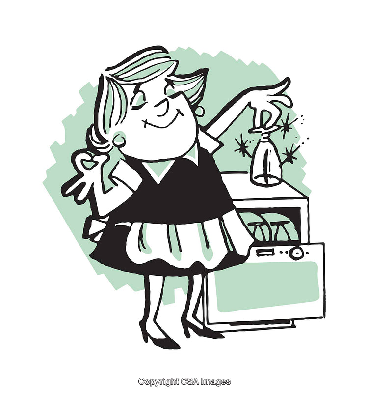 Retro-Style Illustration of Homemaker in Kitchen Performing Daily Tasks