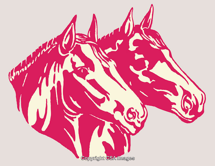 Two Stylized Horse Heads in Red Line Art Illustration Style