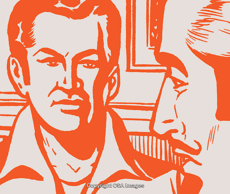 Orange-Toned Illustration of Two Men in Retro Drawing Style