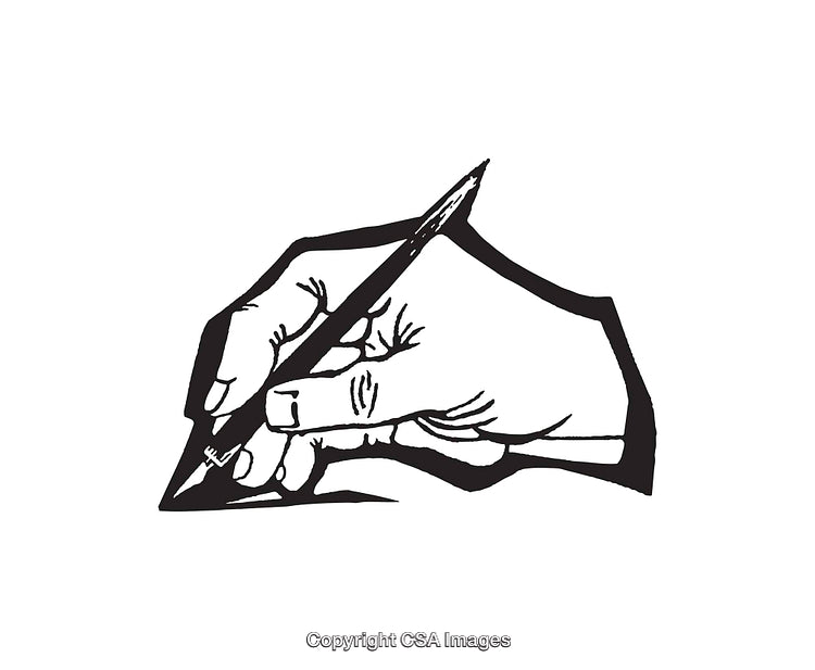 Black and White Ink Drawing of a Hand Writing with a Pen