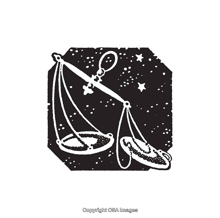 Black and White Line Art of Scales with Stars and Dramatic Contrast