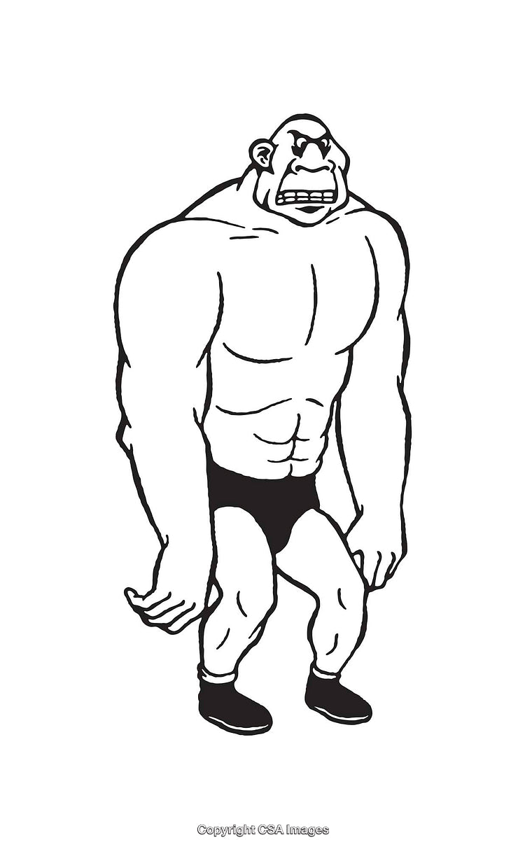 Black and White Illustration of a Muscular Anthropomorphic Ape Figure