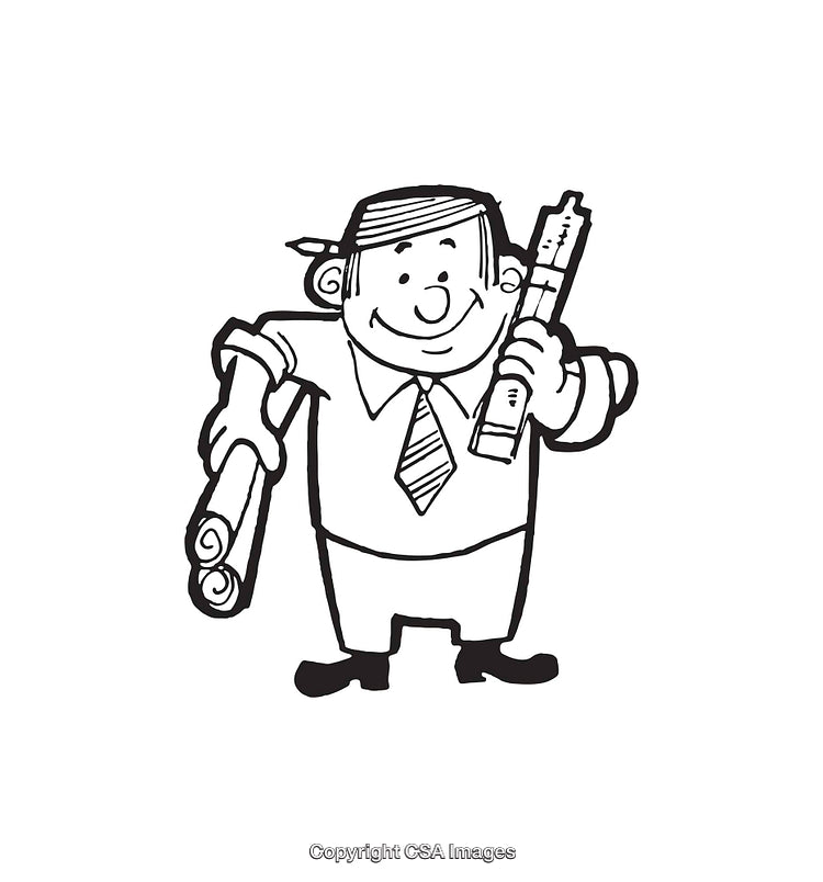Cheerful Cartoon Architect Holding Blueprints and Drafting Plans