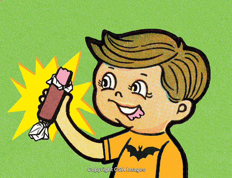 Retro Illustration of a Boy Enjoying a Candy Bar with Excitement