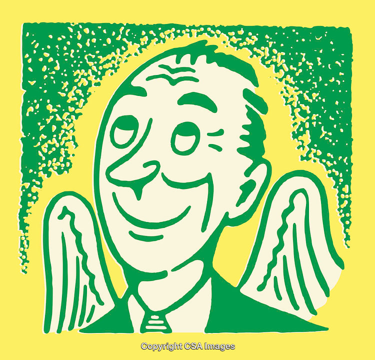 Stylized Illustration of a Smiling Man with Wings on a Yellow Background