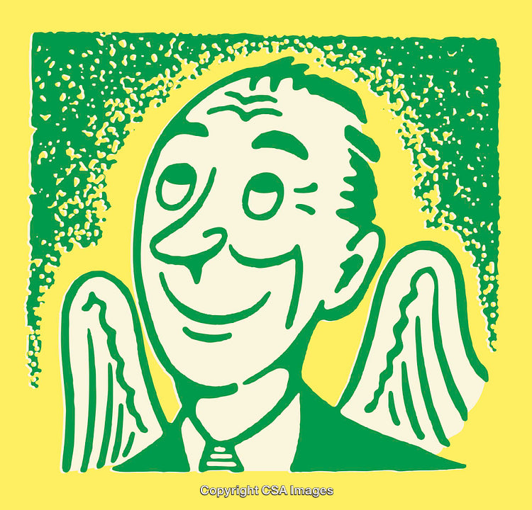 Stylized Illustration of a Smiling Man with Wings on a Yellow Background