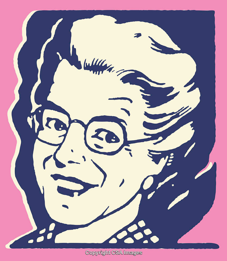 Colorful Retro Line Art of Smiling Woman with Glasses on Pink Background