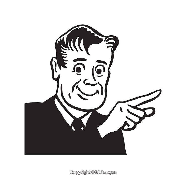 Black and White Illustration of Retro Man Making a Pointing Gesture