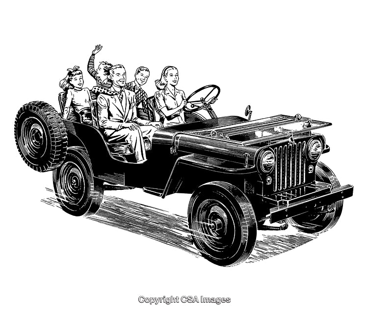 Vintage Black and White Illustration of People in an Open Jeep
