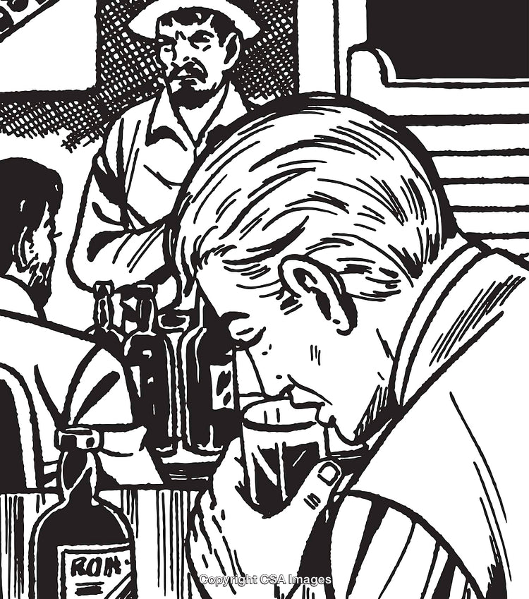 Monochrome Illustration of People in a Bar Setting with Drinks on the Counter