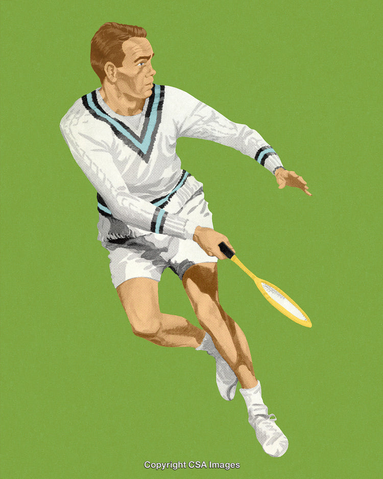 Vintage Illustration of Tennis Player in Action on Green Background