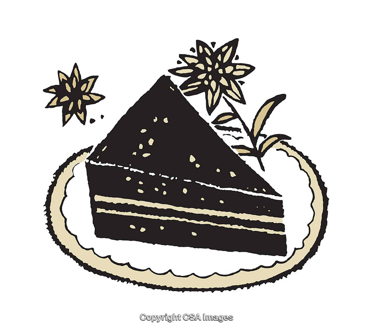 Artistic Illustration of a Chocolate Cake Slice with Floral Decorations