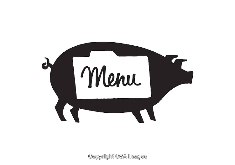 Stylized Pig Silhouette With 'Menu' Text Design in Black and White