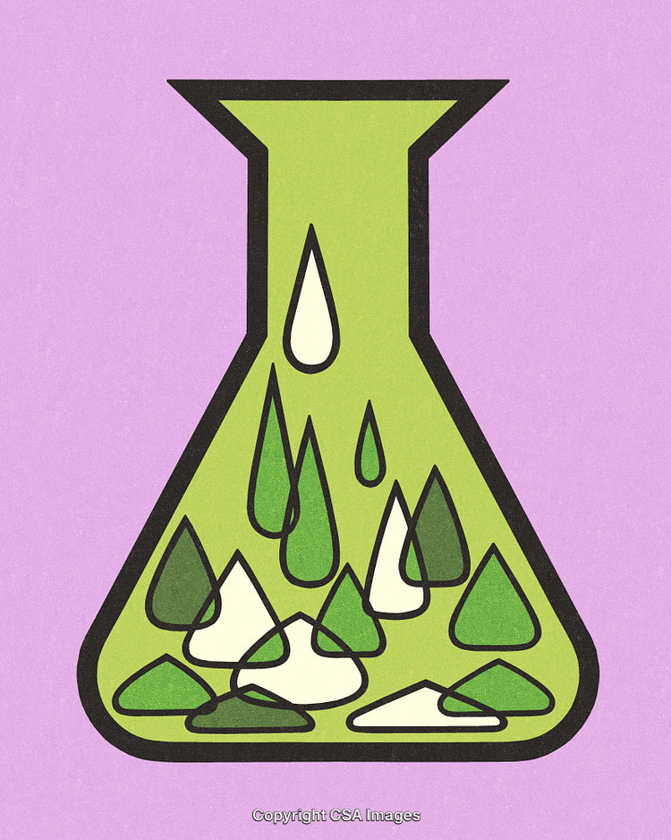 Abstract Illustration of a Green Chemistry Flask with Geometric Drops