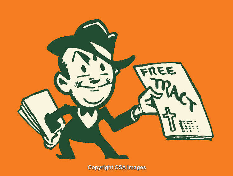 Retro-Styled Illustration of a Character Offering Free Tracts on Orange Background