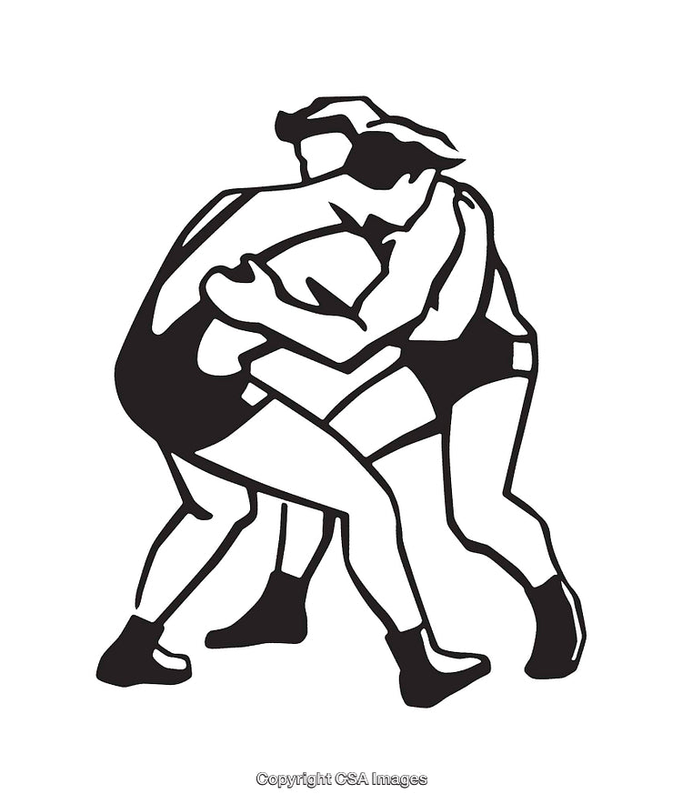 Black and White Line Art Illustration of Grappling Athletes in a Wrestling Match