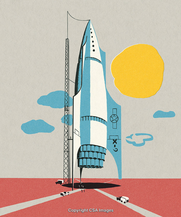 Futuristic Rocket in Stylized Landscape With Vibrant Colors and Minimalist Style