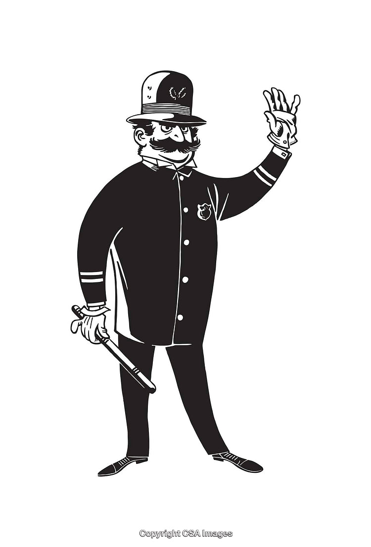 Vintage Black and White Policeman Illustration Waving a Greeting