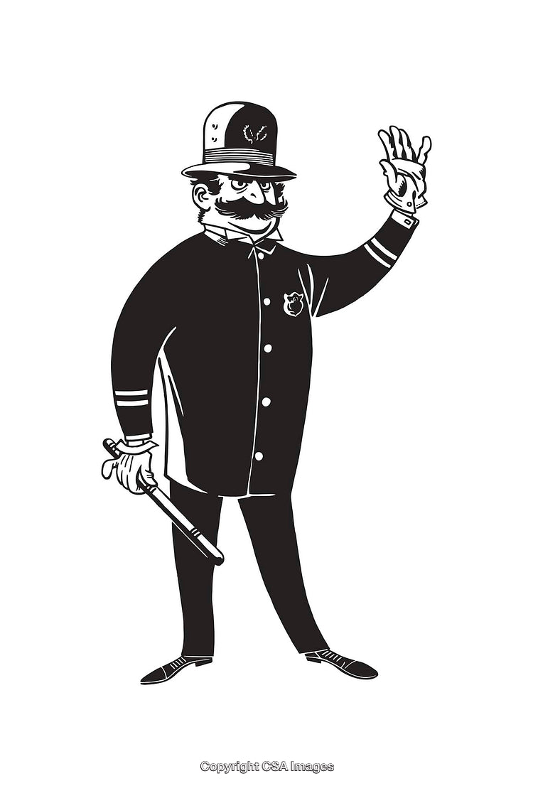Vintage Black and White Policeman Illustration Waving a Greeting