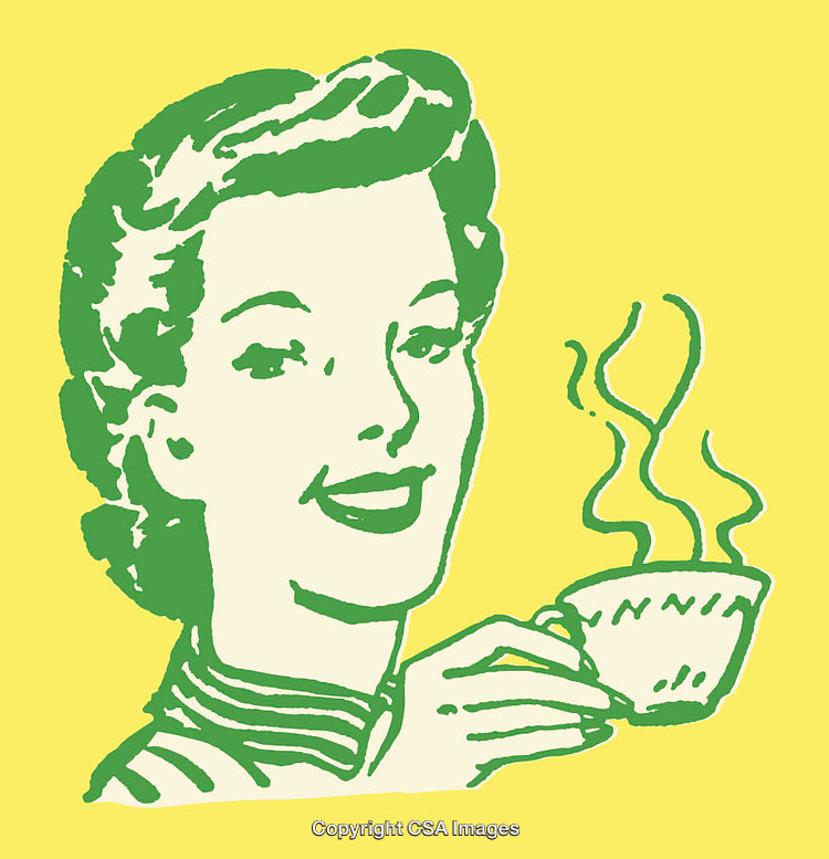 Retro Style Woman Enjoying a Hot Beverage on Yellow Background