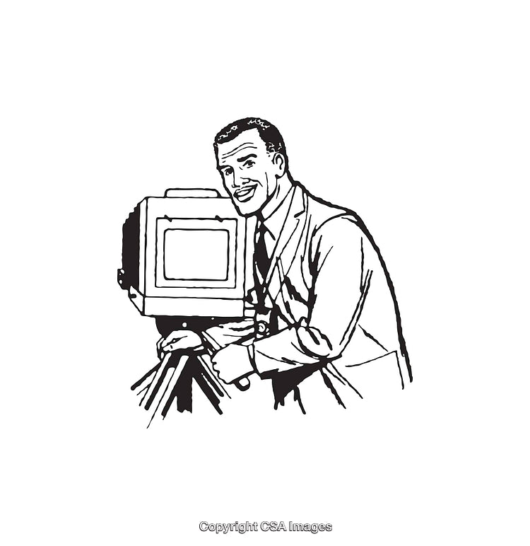 Retro Illustration of a Man Using a View Camera on a Tripod Stand