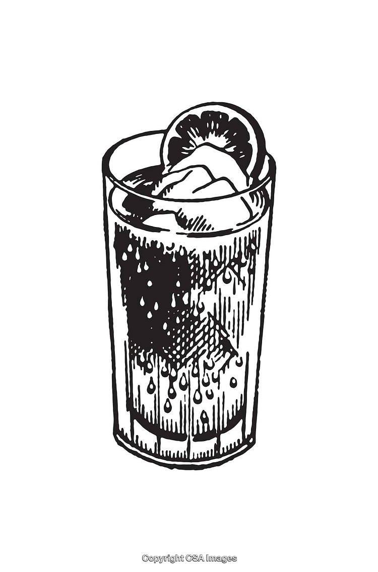 Black and White Line Art of a Beverage with Lemon Slice