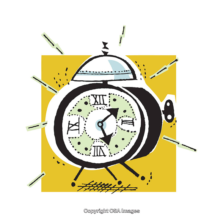 Illustrated Alarm Clock With Roman Numerals and Vibrant Background