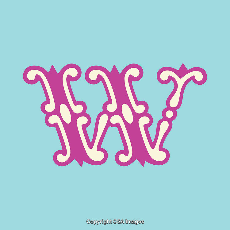 Ornate Decorative Letter W in Pink with Light Blue Background