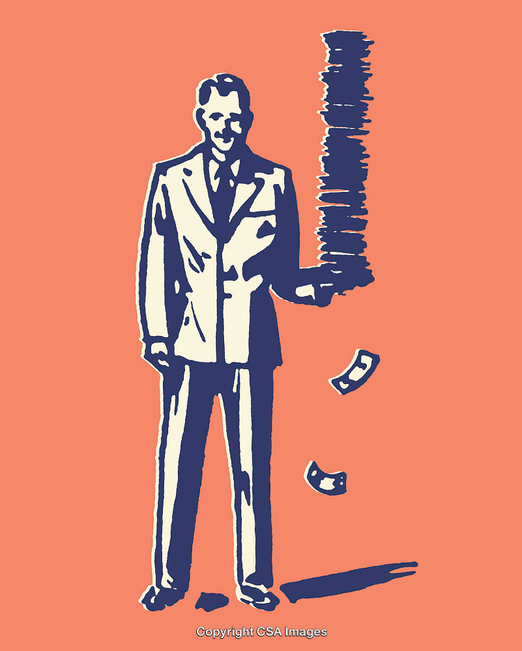 Vintage Illustration of Businessman Holding Stack of Money on Bright Background