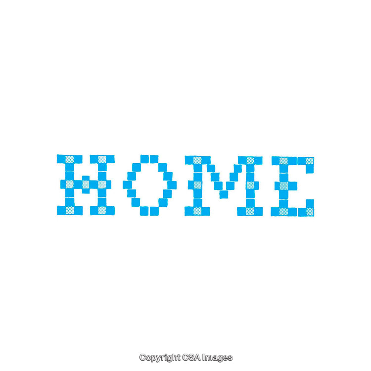 Blue Pixelated 'Home' Text Design on White Background
