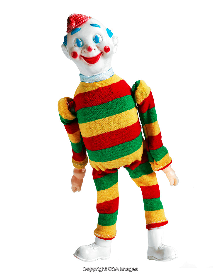 Colorful Toy Clown Doll with Striped Outfit Standing on White Background