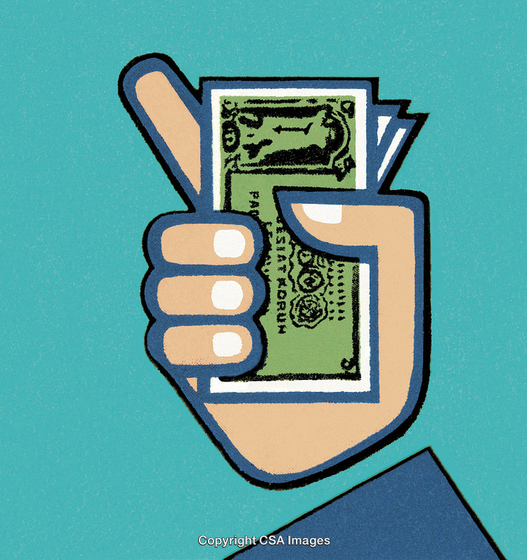 Illustration of a Hand Holding Money on a Blue Background