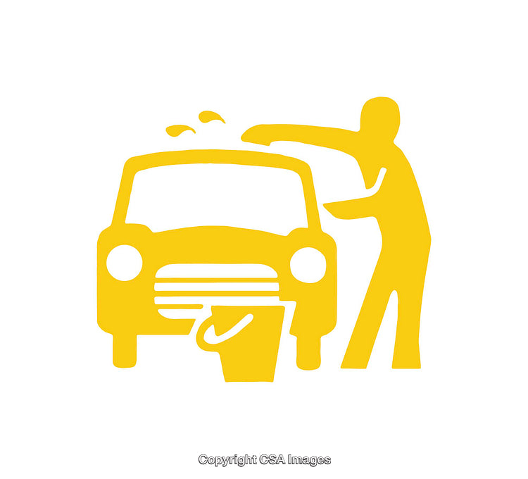 Yellow Icon Depicting Car Washing Activity with Bucket and Bubbles
