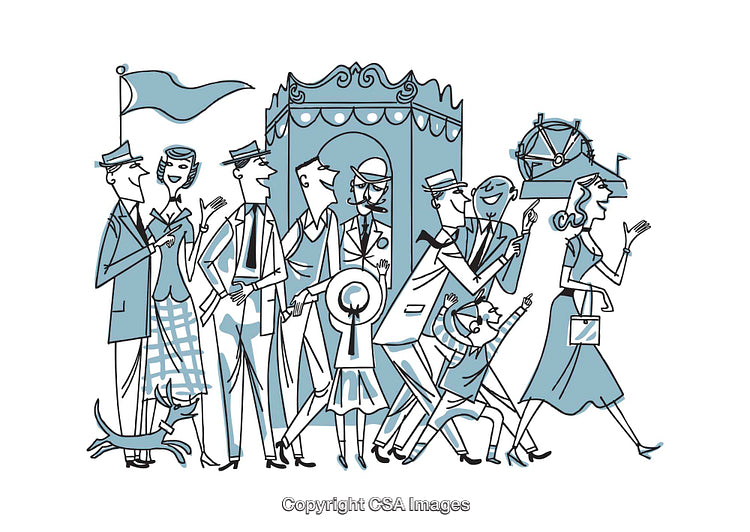 Vintage-Style Illustration of People Socializing Outdoors in a Festive Setting