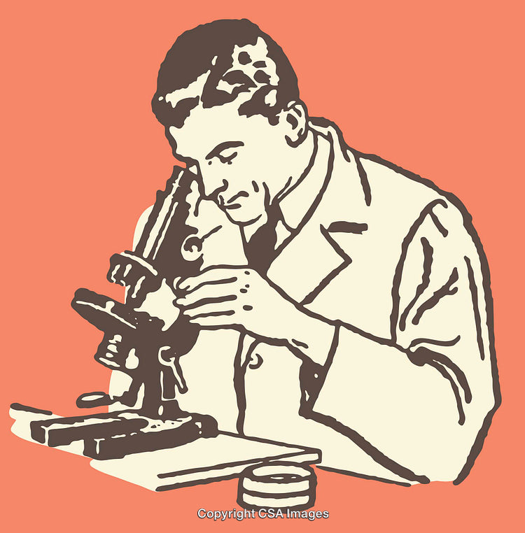 Scientist Examining Specimen Under Microscope in Colorful Illustration