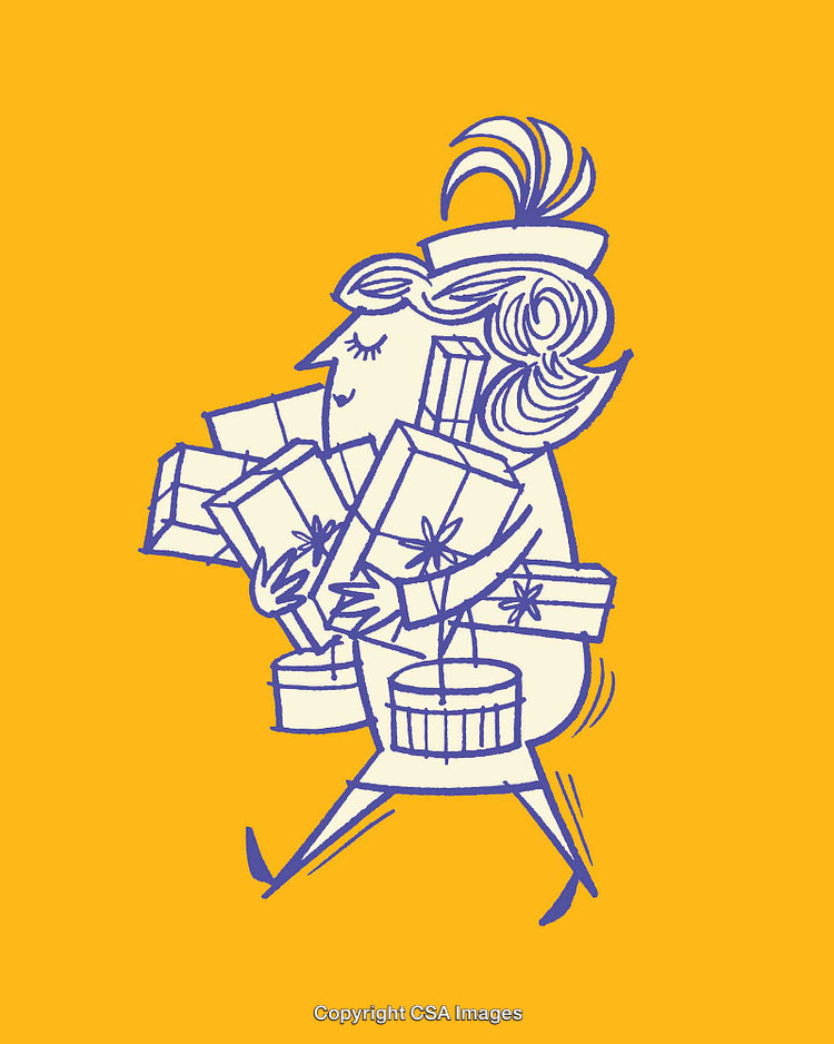 Cheerful Retro Style Woman with Gifts in Line Art Illustration