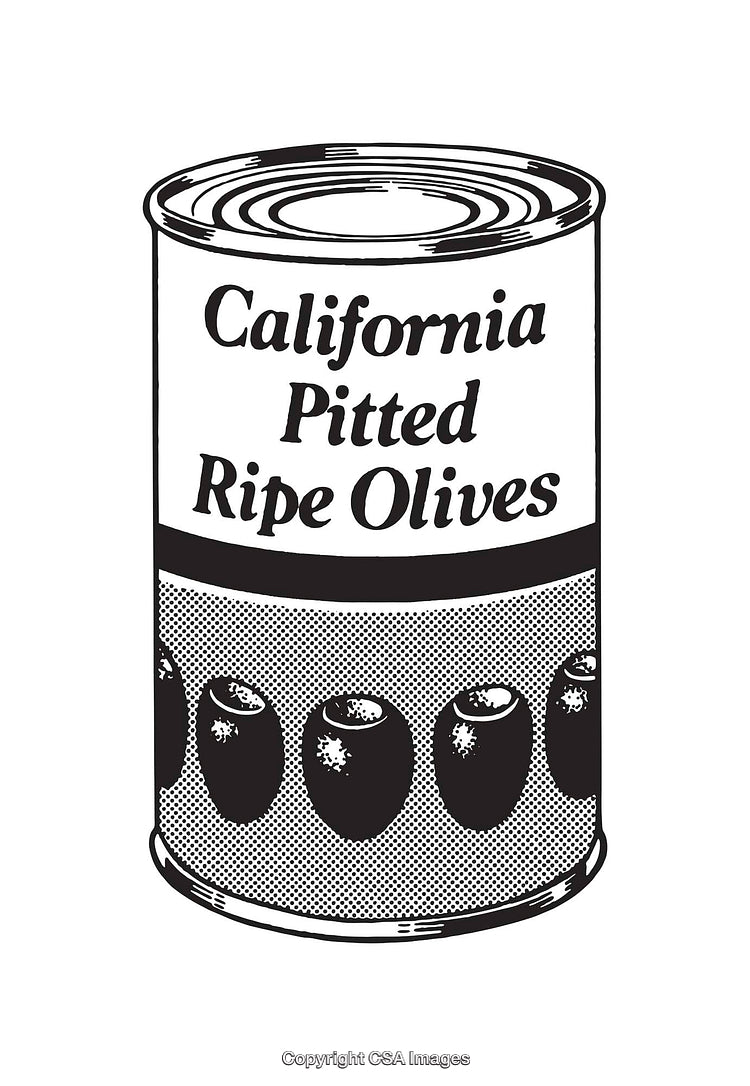 Black and White Line Art Illustration of a Canned Olives Label
