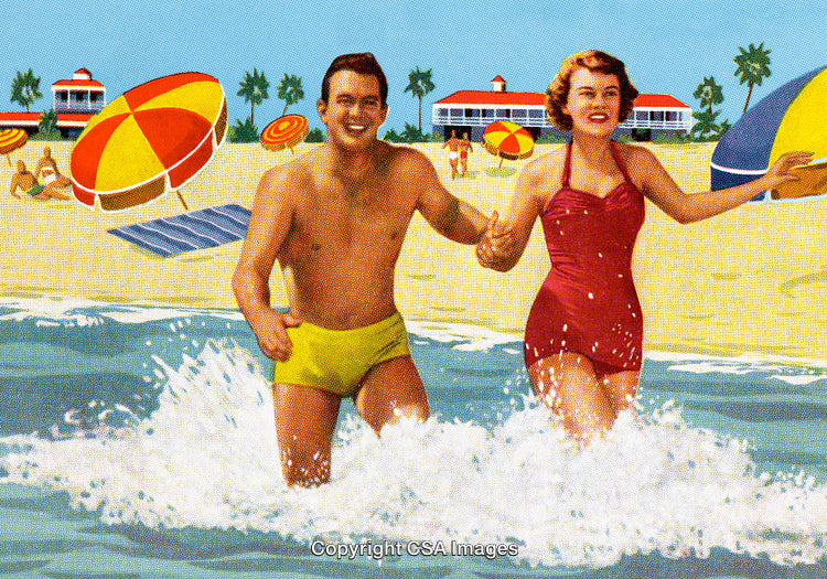 Couple Enjoying a Day at the Beach With Colorful Umbrellas and Sunshine