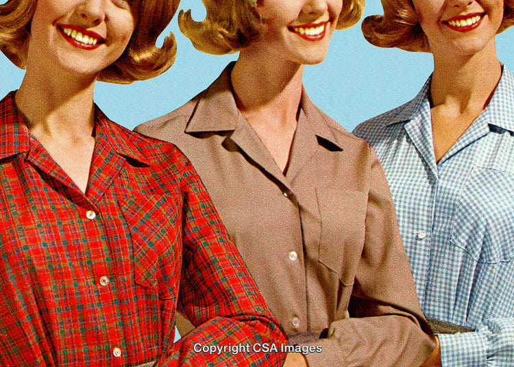 Retro Styled Women Posing With Checkered Clothing in Vintage Printed Design