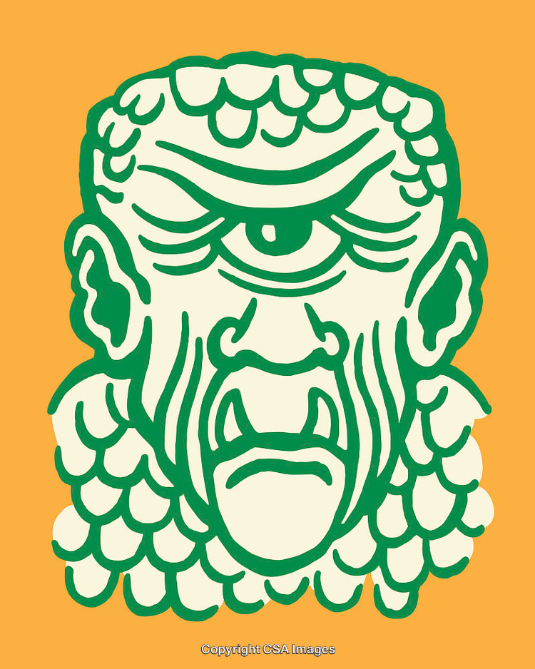 Colorful Line Art Illustration of a Cyclops Figure on Orange Background