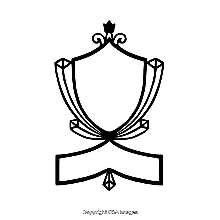 Decorative Black and White Border with Ornate Shield and Ribbon Design