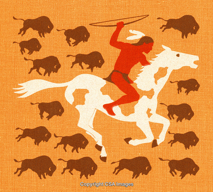 Native American Buffalo Hunt Illustration Featuring a Mounted Warrior and Herd