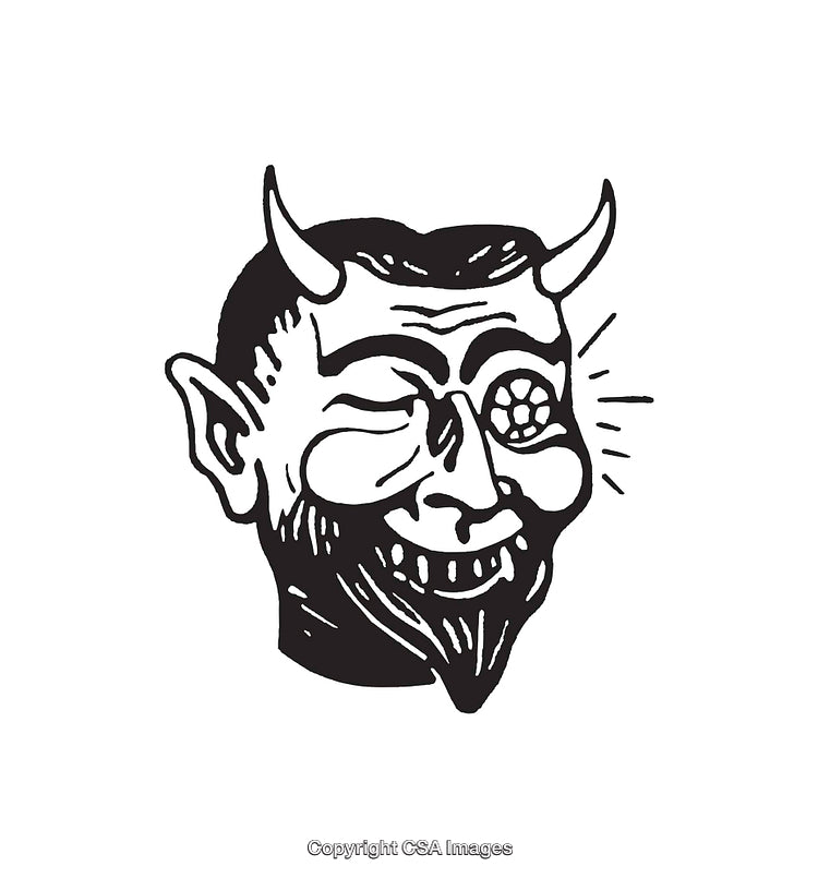Black And White Artwork of A Devilish Grinning Cartoon