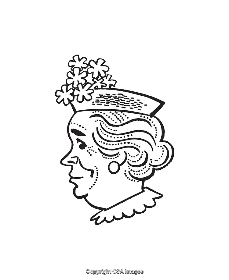 Vintage Line Art Illustration of a Woman in a Floral Hat
