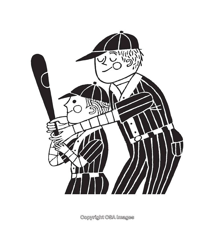 Black and White Line Art of a Coach Teaching Baseball to a Player