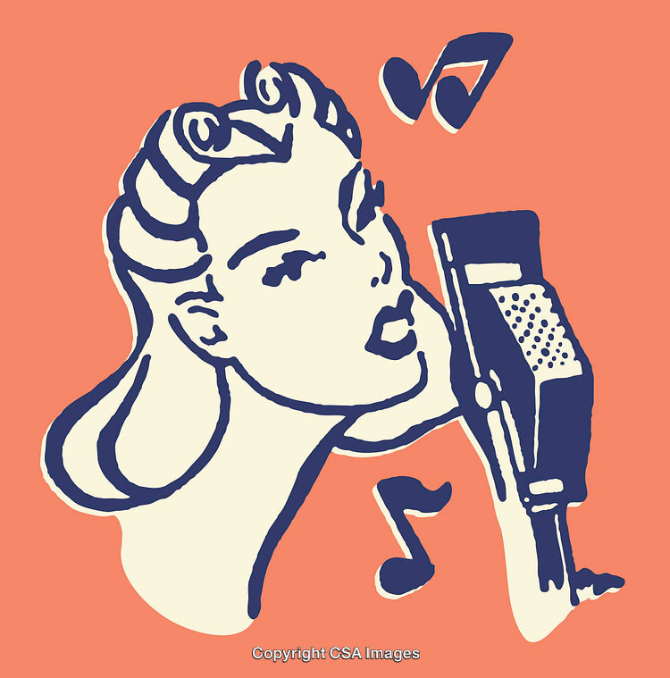 Retro Style Illustration of Woman Singing into Microphone with Musical Notes
