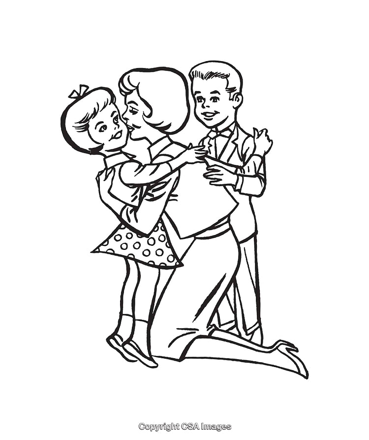 Retro Family Embracing in Black and White Line Art Illustration